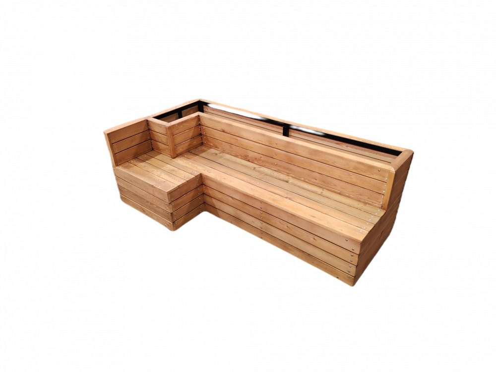 Лавочка из металла и дерева с ящиками для цветов